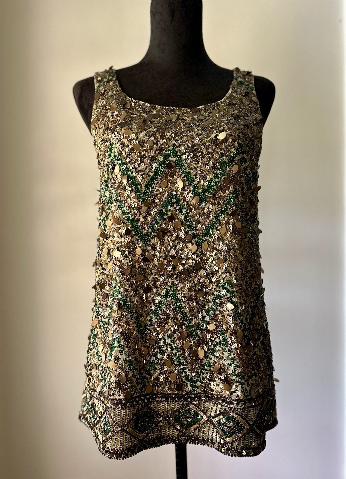Calypso St. Barth 100% Silk Emerald & Gold Sequined Chevron Boho Tank Top Sz M