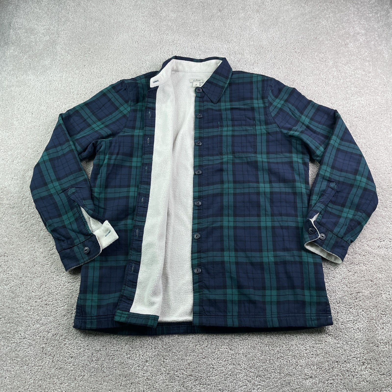 LL Bean Womens Shirt Jacket Medium Blue Plaid Flannel Fleece Lined Shacket