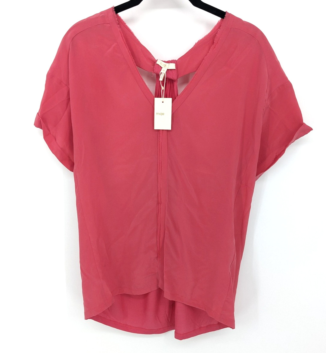 Maje Top Womens Large Pink Silk Open Back V Neck Grenadine Blouse Casual NWT