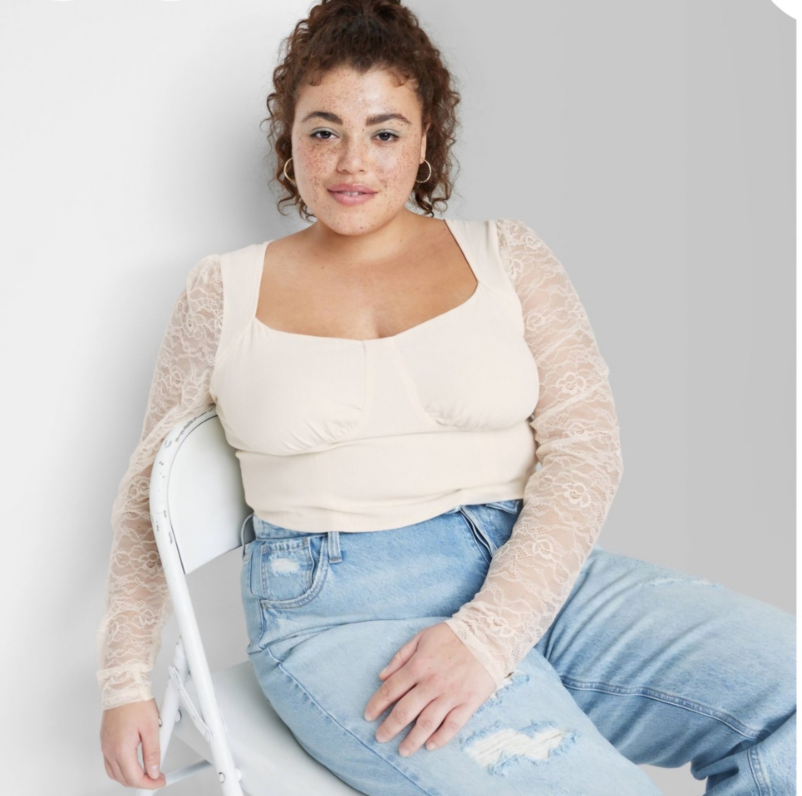 Women’s Long Sleeve Lace Bustier Top Wild Fable Off White XXL