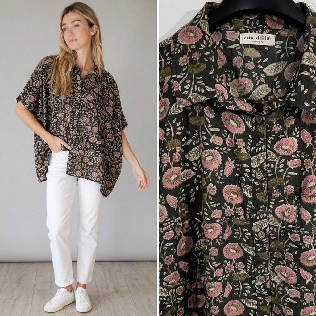Natural Life Oversized Cotton Button Down Shirt OS One Size Pink Floral Blouse