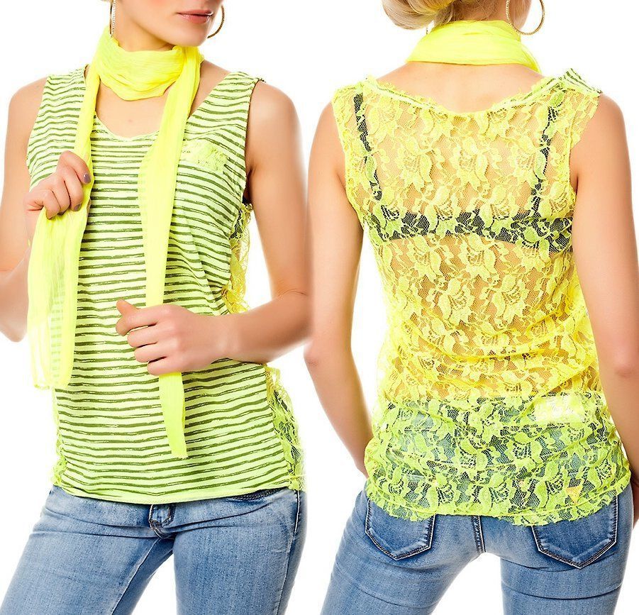 Sexy Miss Womens Stripe Tank Top Retro Lace Back Scarf 34/36/38 Neon Yellow