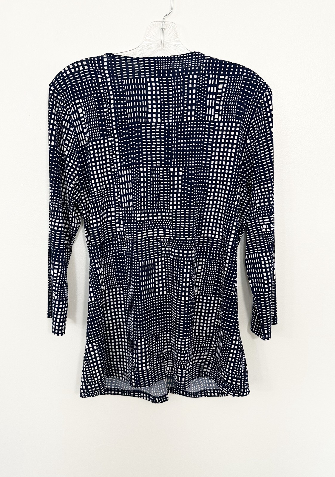 Women Navy Blue V Neck Twist Front 3/4 Sleeve Top Size L Pullover Stretch Office