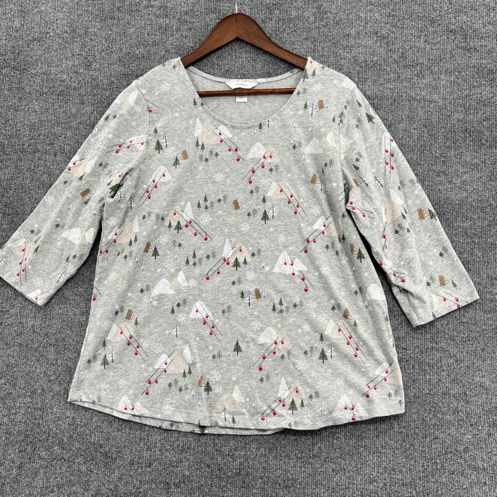 CJ Banks Ski Resort Print Top Plus Size 1X Gray Winter Gondola Cabin Chalet Chic