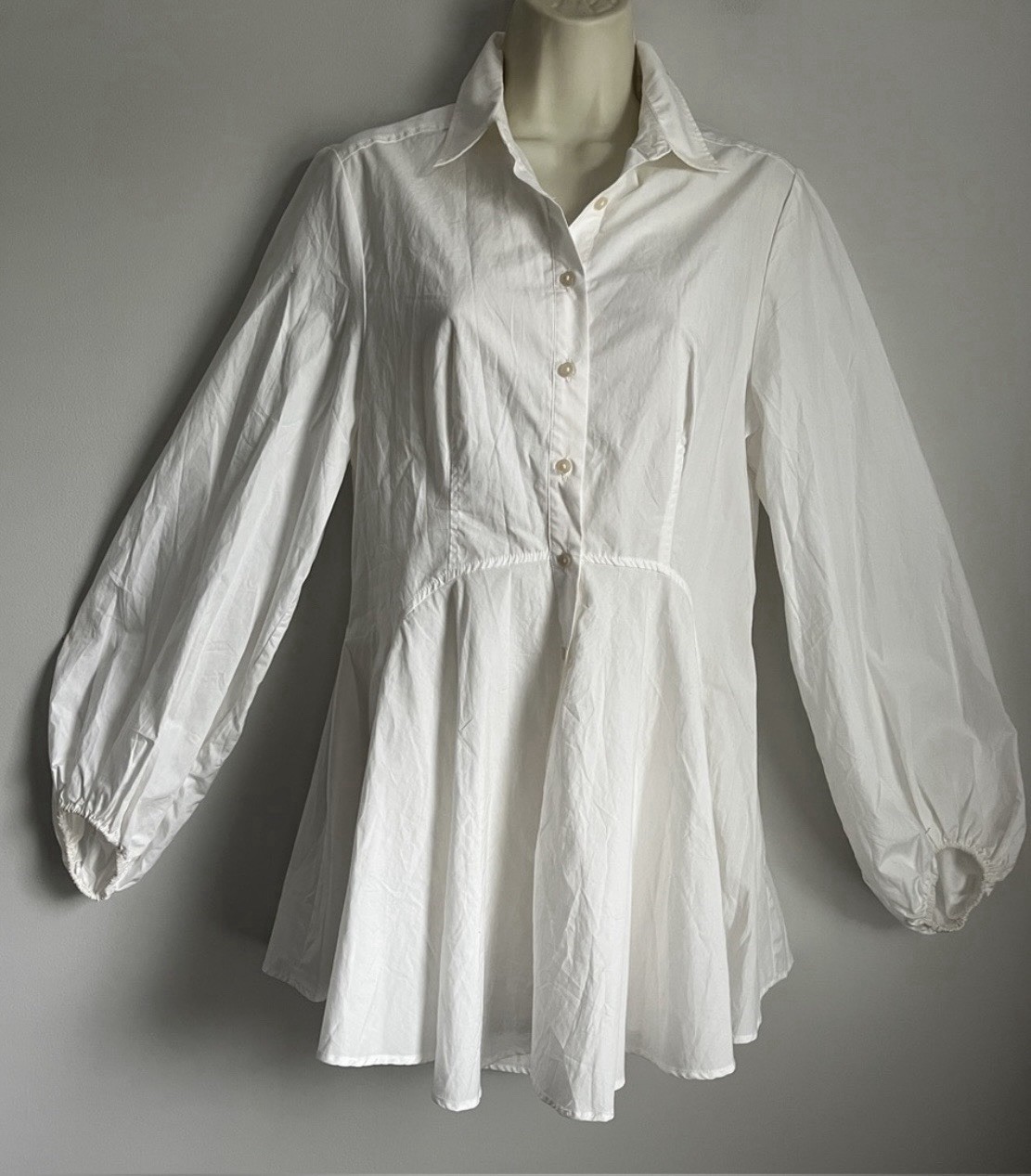 New Free People Women’s Ivory Button Up Empire Waist Fit Flare Bubble Slv. Shirt