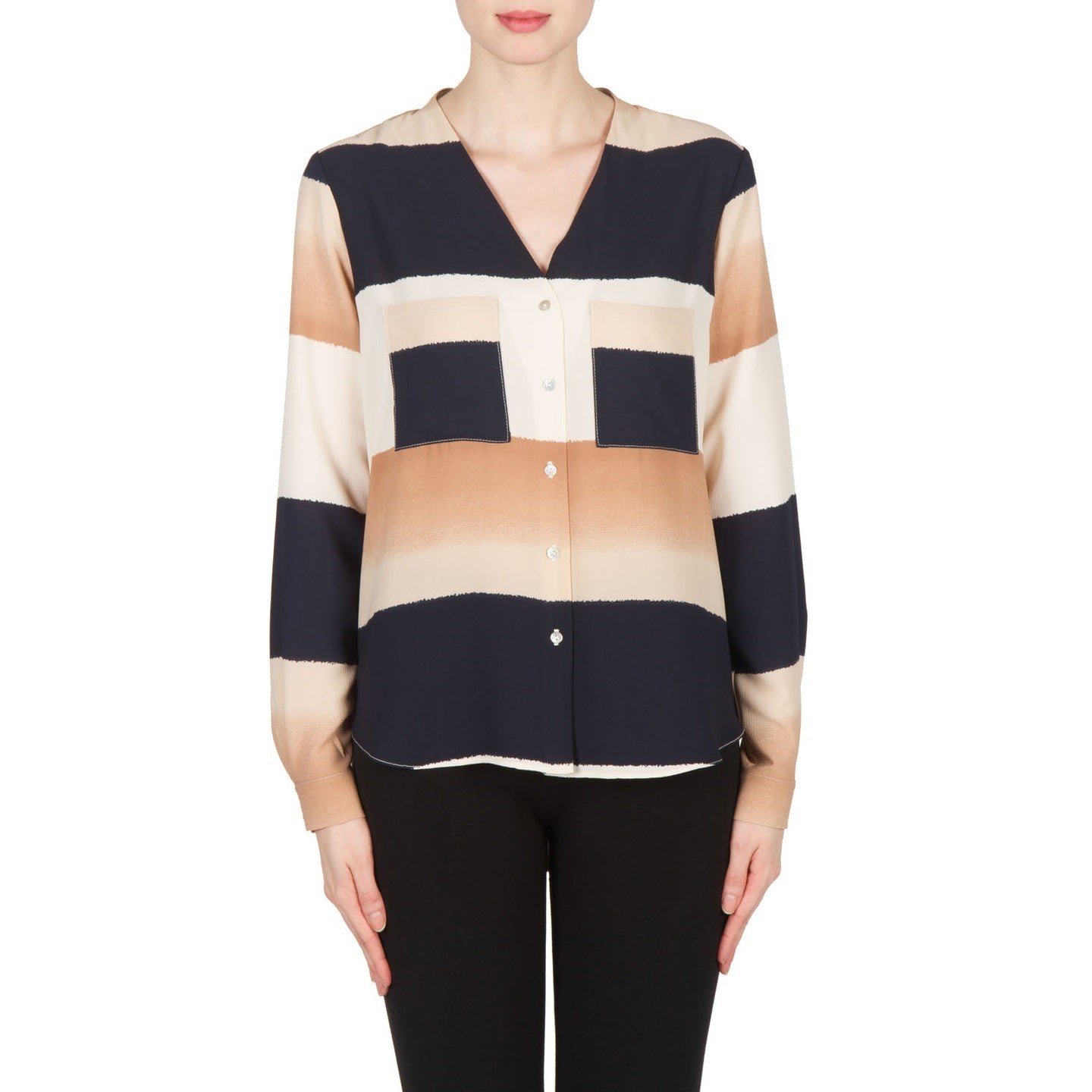 Joseph Ribkoff Navy Tan Striped Button Up Blouse Split Back Crepe 8