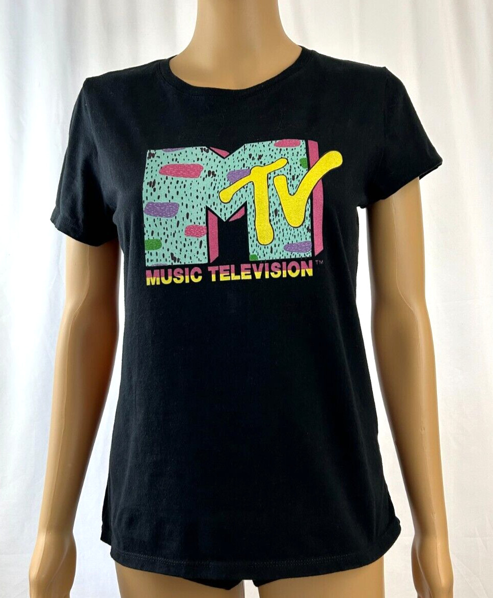 Women’s Retro MTV Logo Graphic Tee Black Scoop Neck Short Sleeve T-Shirt Size S
