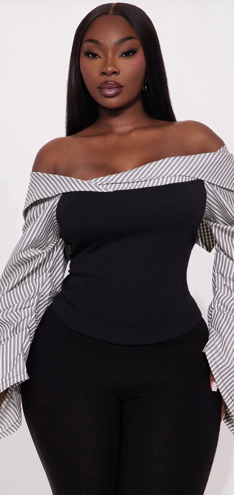Fashion Nova Plus 2XL Black/White Striped Off-Shoulder Cropped Bell Sleeve