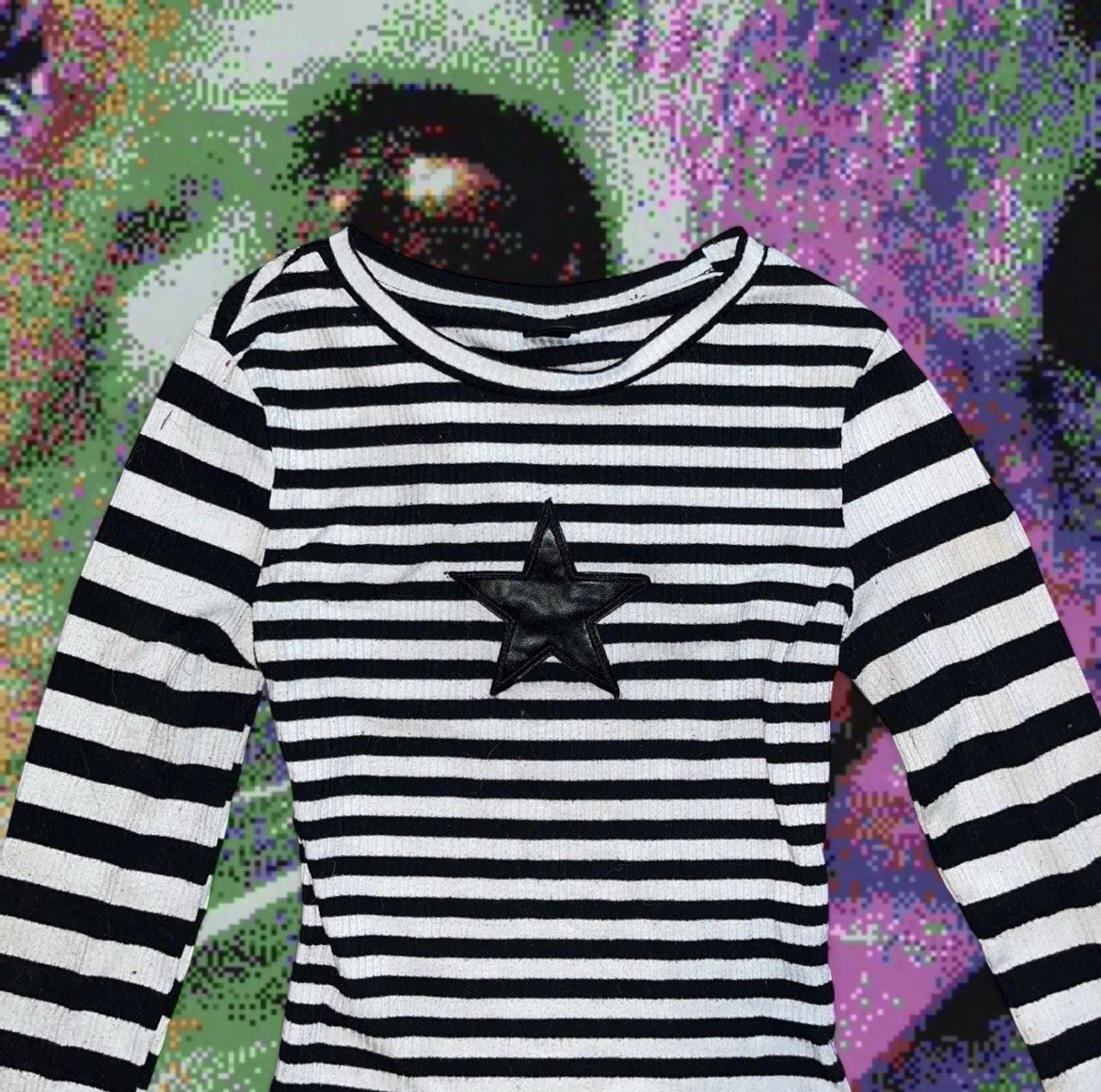 Women’s Black/White Striped Ribbed Knit Crew Neck Star Appliqué Tee XS