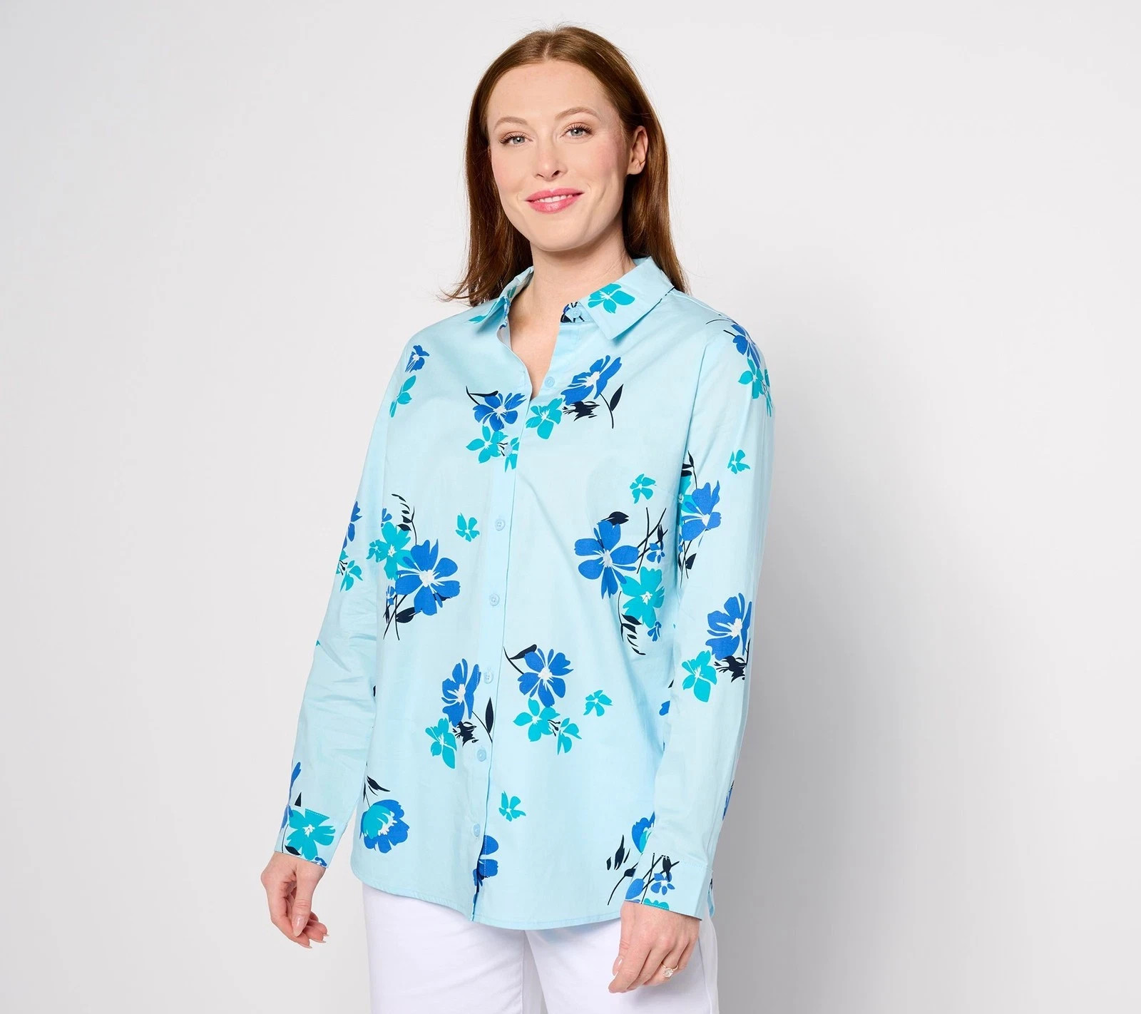 Denim & Co Button Up Shirt Womens Large L Blue Floral Long Sleeve Corporate Chic