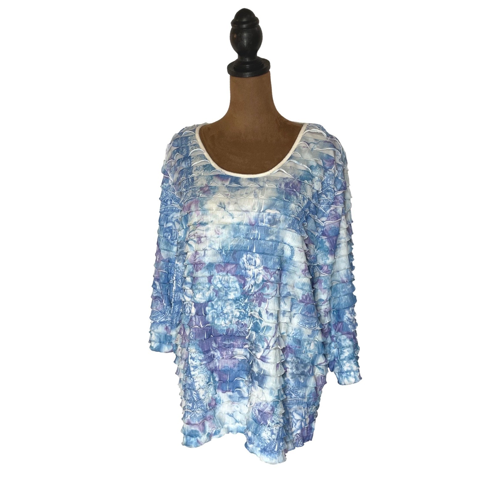 BonWorth Womens XL Blue Purple Floral Ruffle Tiered 3/4 Sleeve Blouse Lagenlook