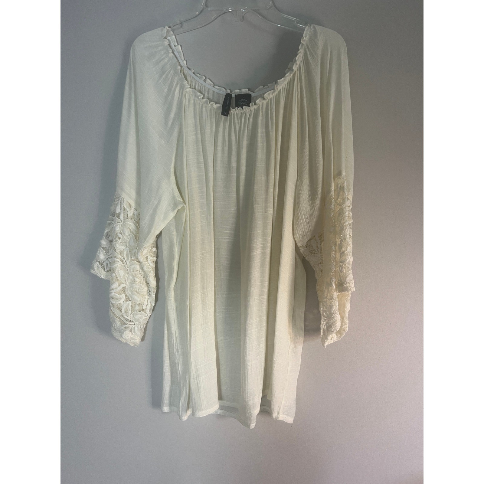 New Directions Ivory Boho Peasant Blouse Lace Crochet 3/4 Sleeve Top Womens L