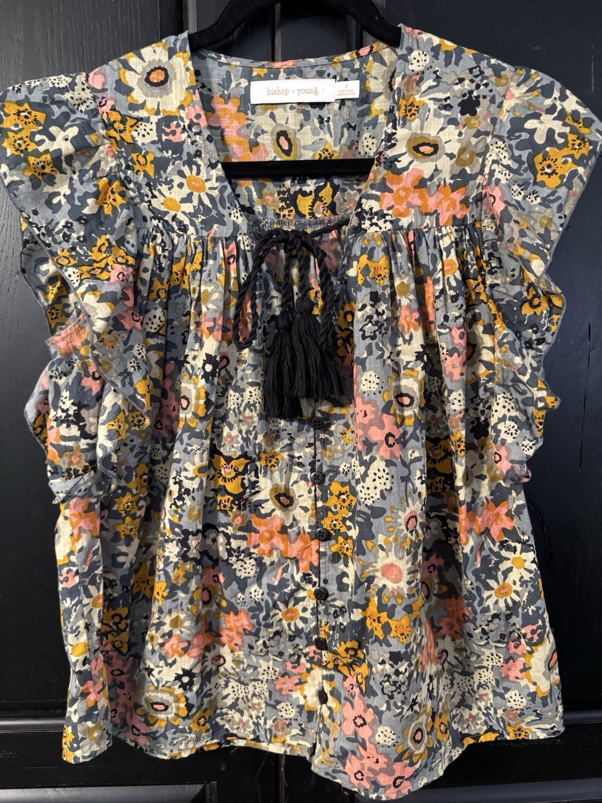 Bishop + Young Floral Peasant V-Neck Flutter Sleeve Button Tassel Blouse S