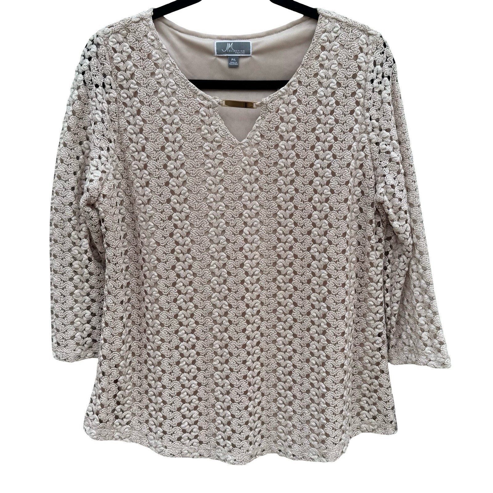 JM Collection Large Taupe Crochet V-Neck Top Gold Bar Accent NEW Boho Earthy