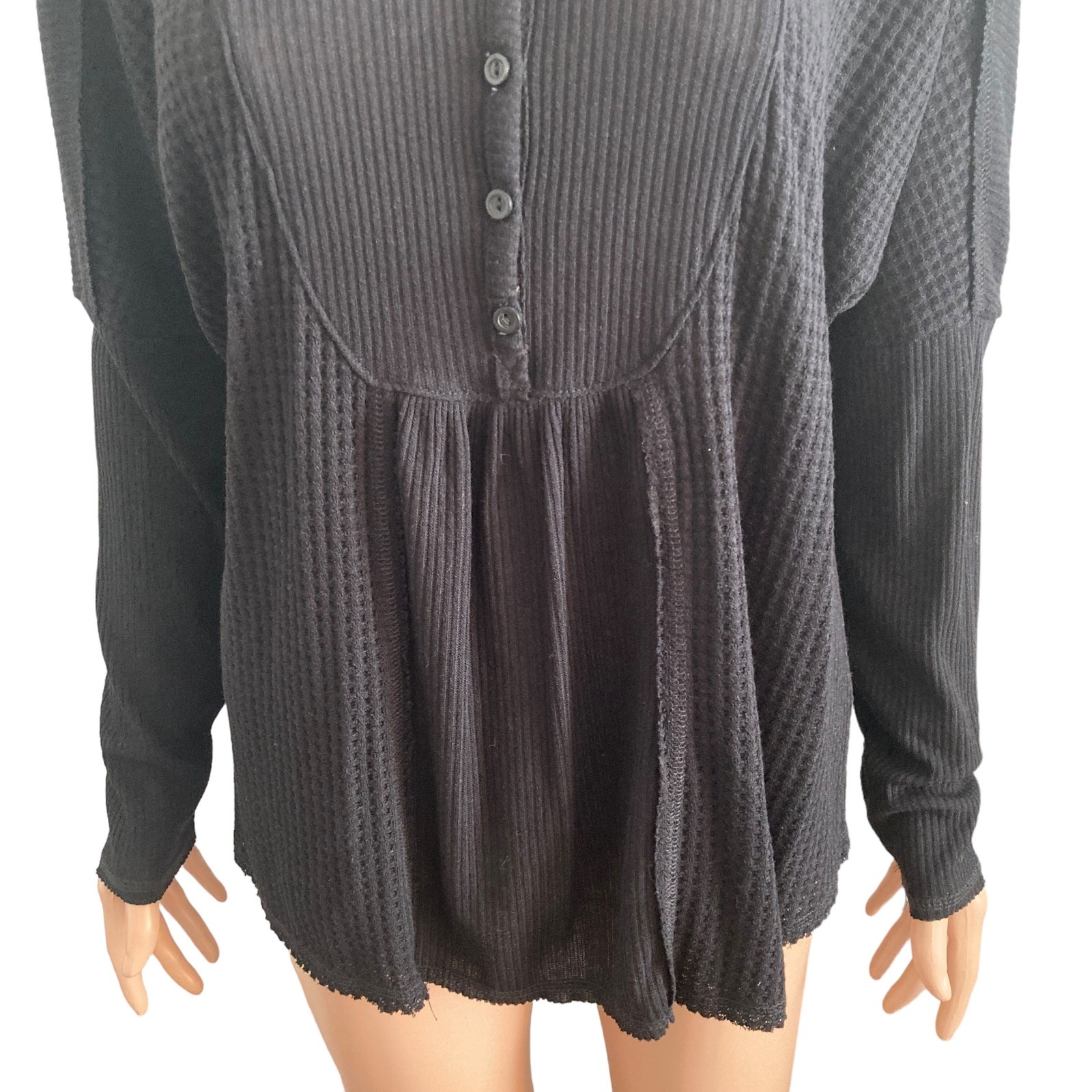 Gibsonlook Sweater Womens Medium Black Mixed Rib Waffle Knit Henley New