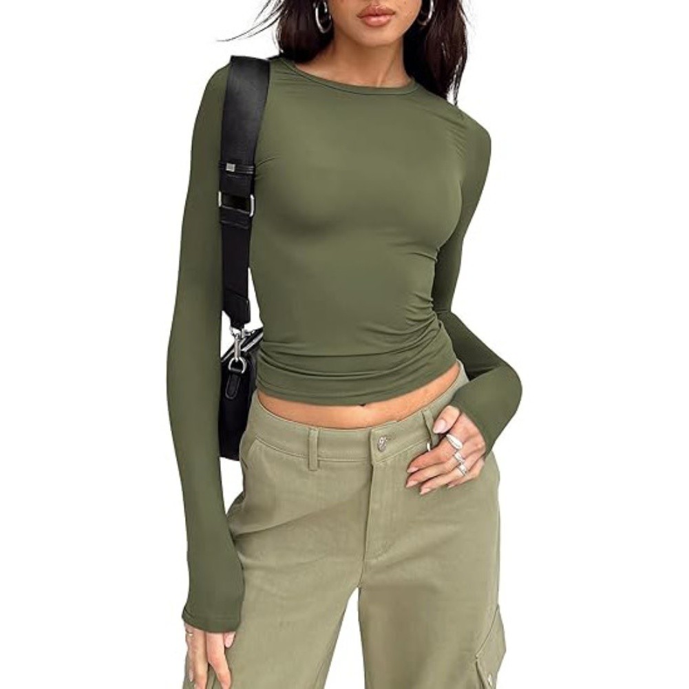 Women’s Long Sleeve Round Neck Pullover Top Slight Stretch Solid Color