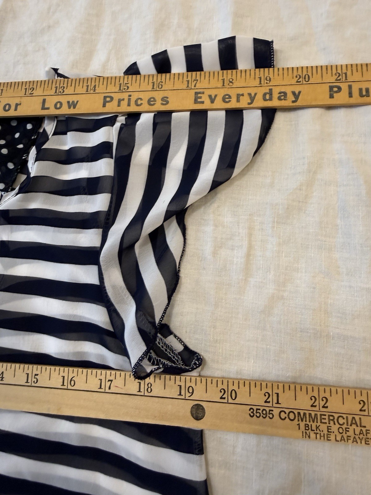 SWEET CLAIRE Top Women Sz L Blue/White Stripe Polka Dot Sheer Polyester Blouse