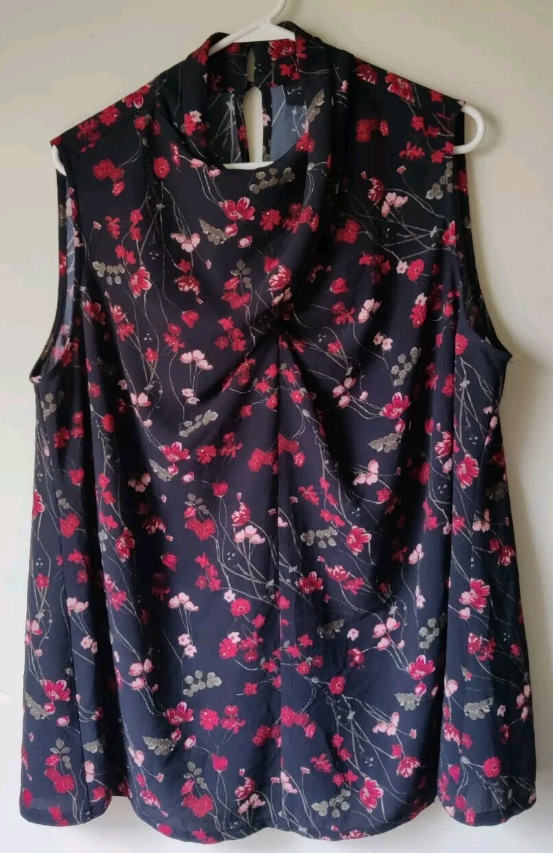 Lane Bryant Sleeveless Womens 18 Black/Red Flower Hi Neck Button Twist Front