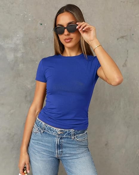Women’s Slim Fit Crew Neck T-Shirt Stretch Casual Basic Short Sleeve Tee Top