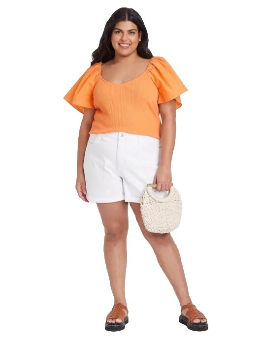 Ava & Viv NEW Womens Plus 2X 2 Orange Ribbed Flutter Crepe Sleeve Shirt Top