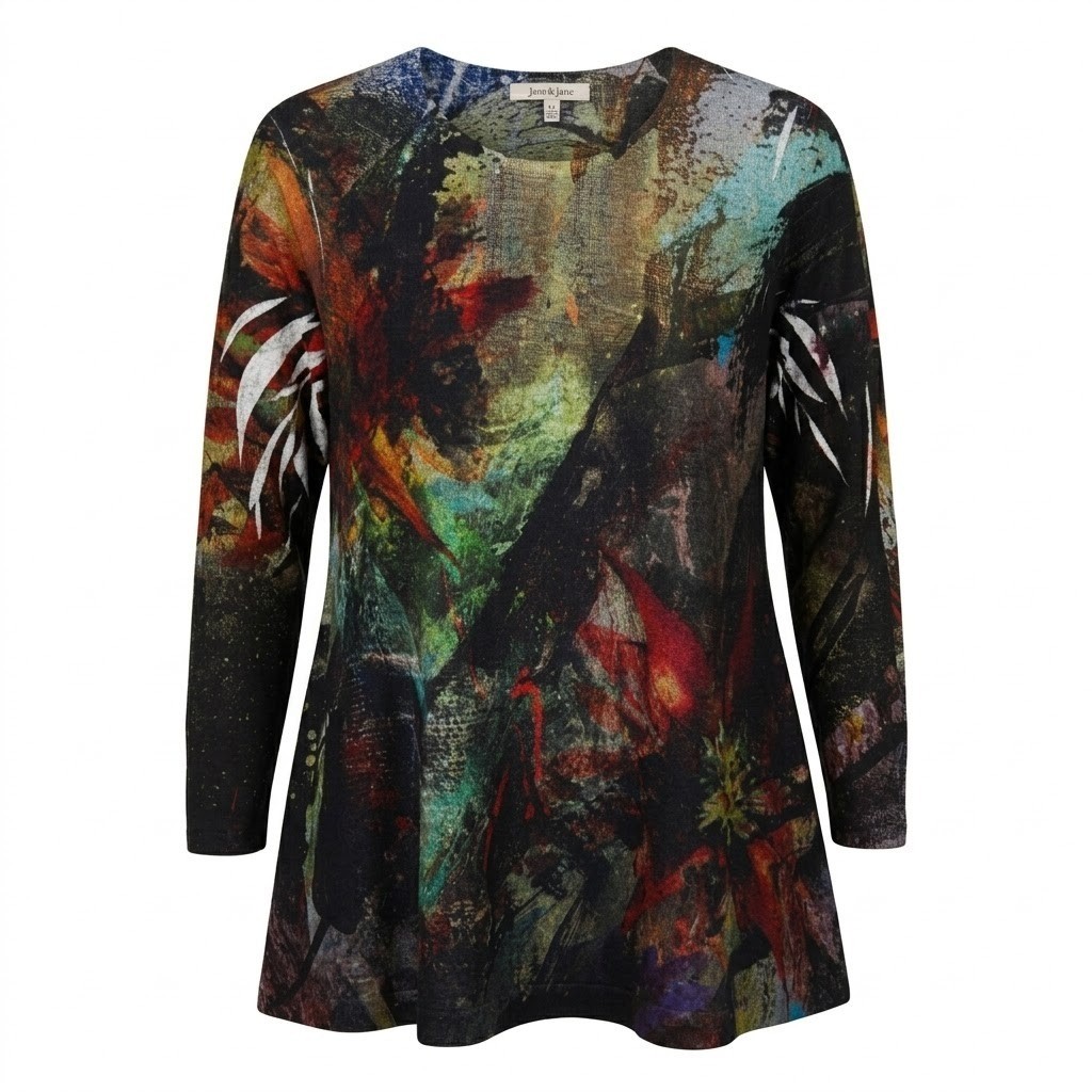 Jess & Jane Abstract Art Print Tunic Top XL Multi Color Long Sleeve USA – CJ