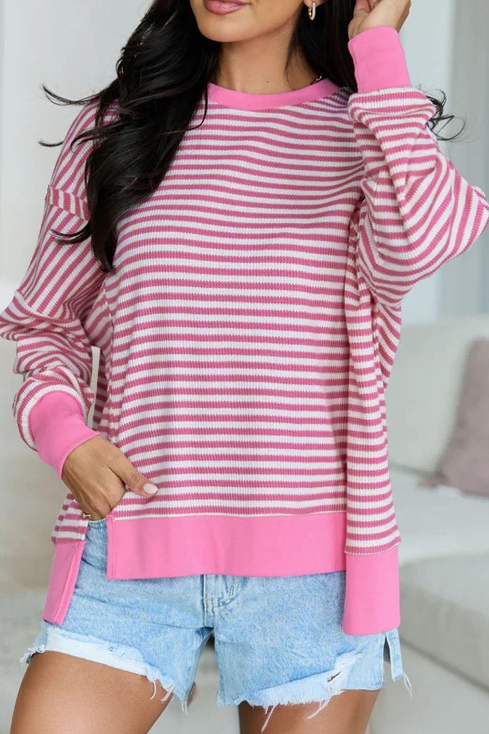 SYNZ Women’s Striped & Textured Knit Split Hem Long Sleeve Top, S to XL
