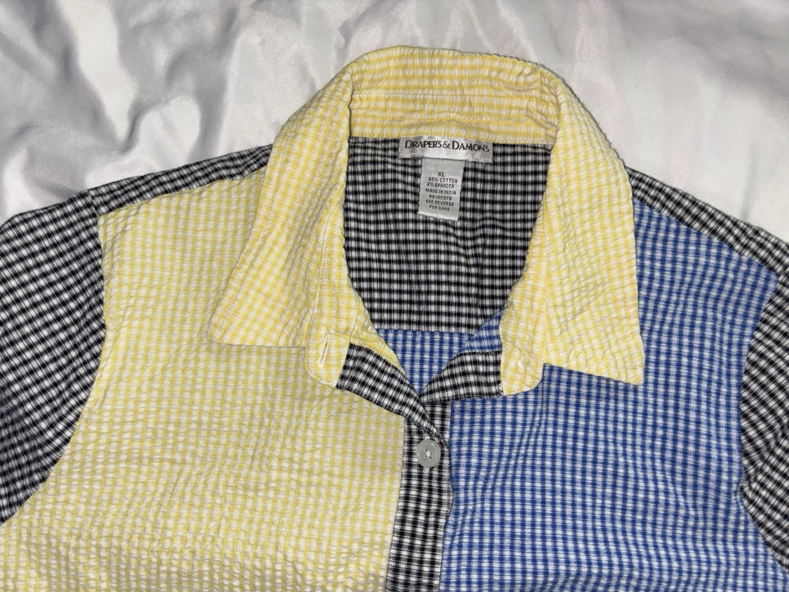 Vintage Draper’s & Damons Seersucker Color Block Patchwork Button Down XL EUC