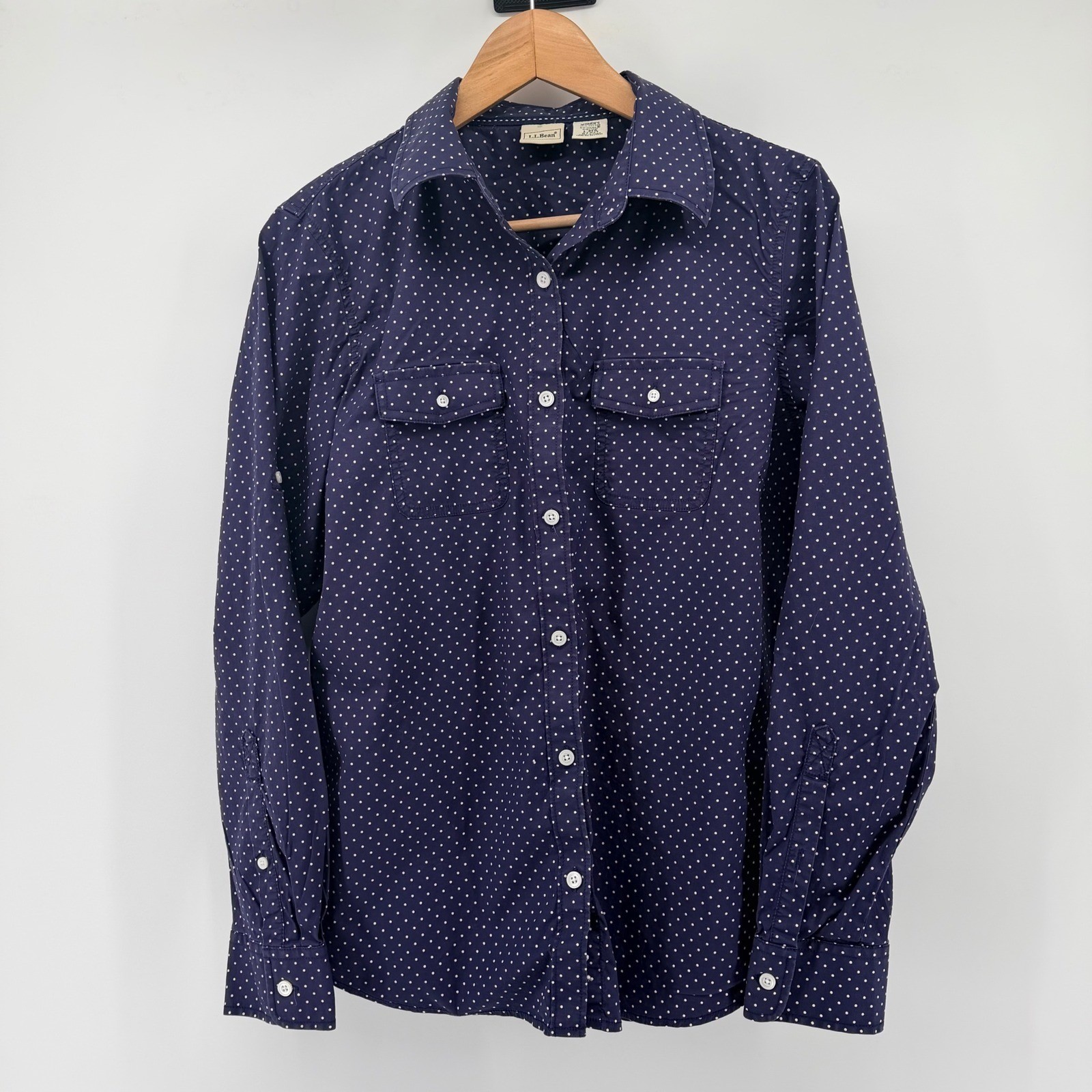 LL Bean Womens L Navy Blue Polka Dot Button Down Shirt Long Sleeve Roll Tab