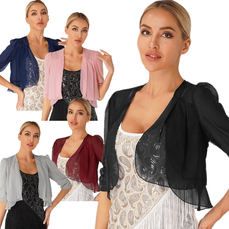 Womens Half Sleeve Lightweight Cardigan Ruffle Chiffon Bolero Shrug Party Tops