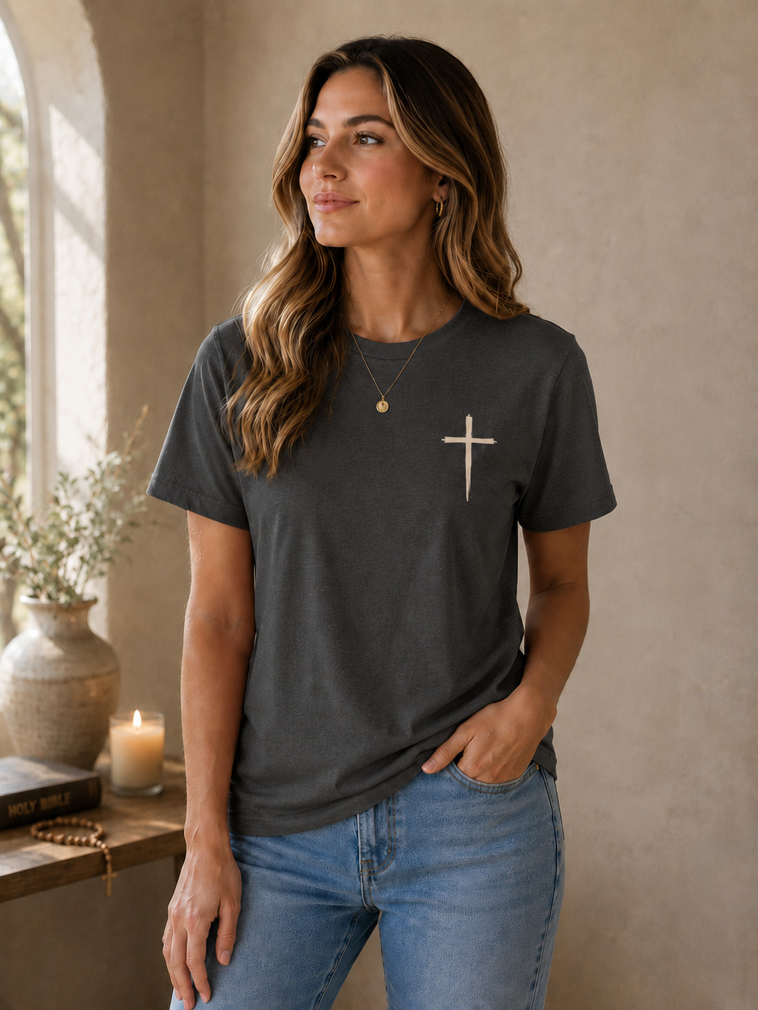 Cristian Religious Jesus T-Shirt with Cross for Women