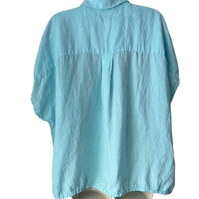 Talbots Plus 2X 100% Linen Aqua Tie Front Button Blouse Cap Sleeve Summer Top