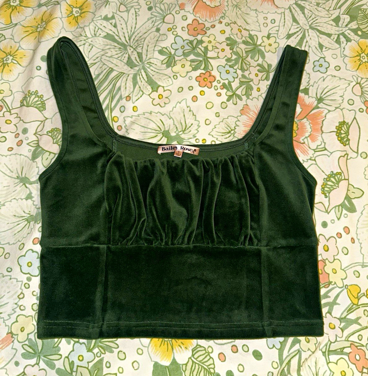 Bailey Rose Green Velvet Square Neck Wide Strap Cropped Tank Top Size S