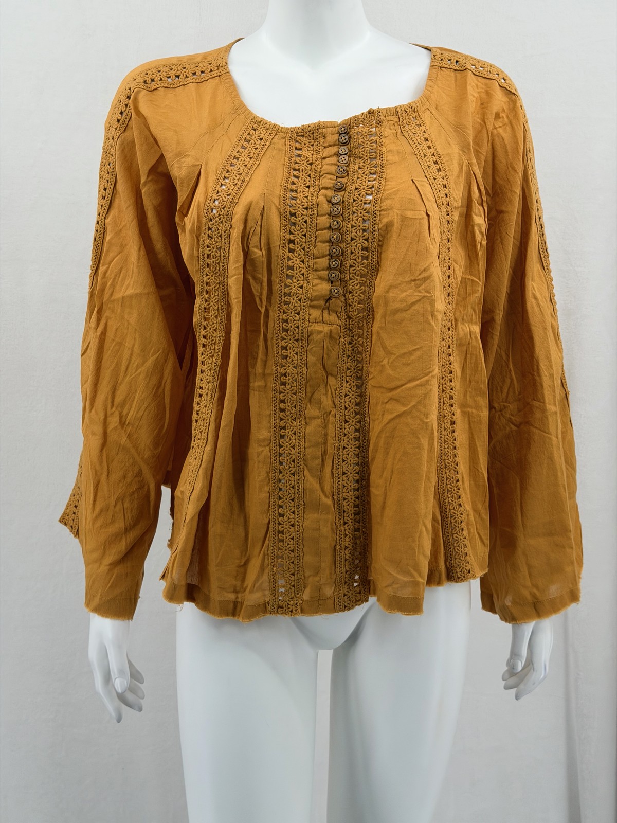Natural Life Top Womens Medium Mustard Boho Crochet Trim Peasant Summer Prairie