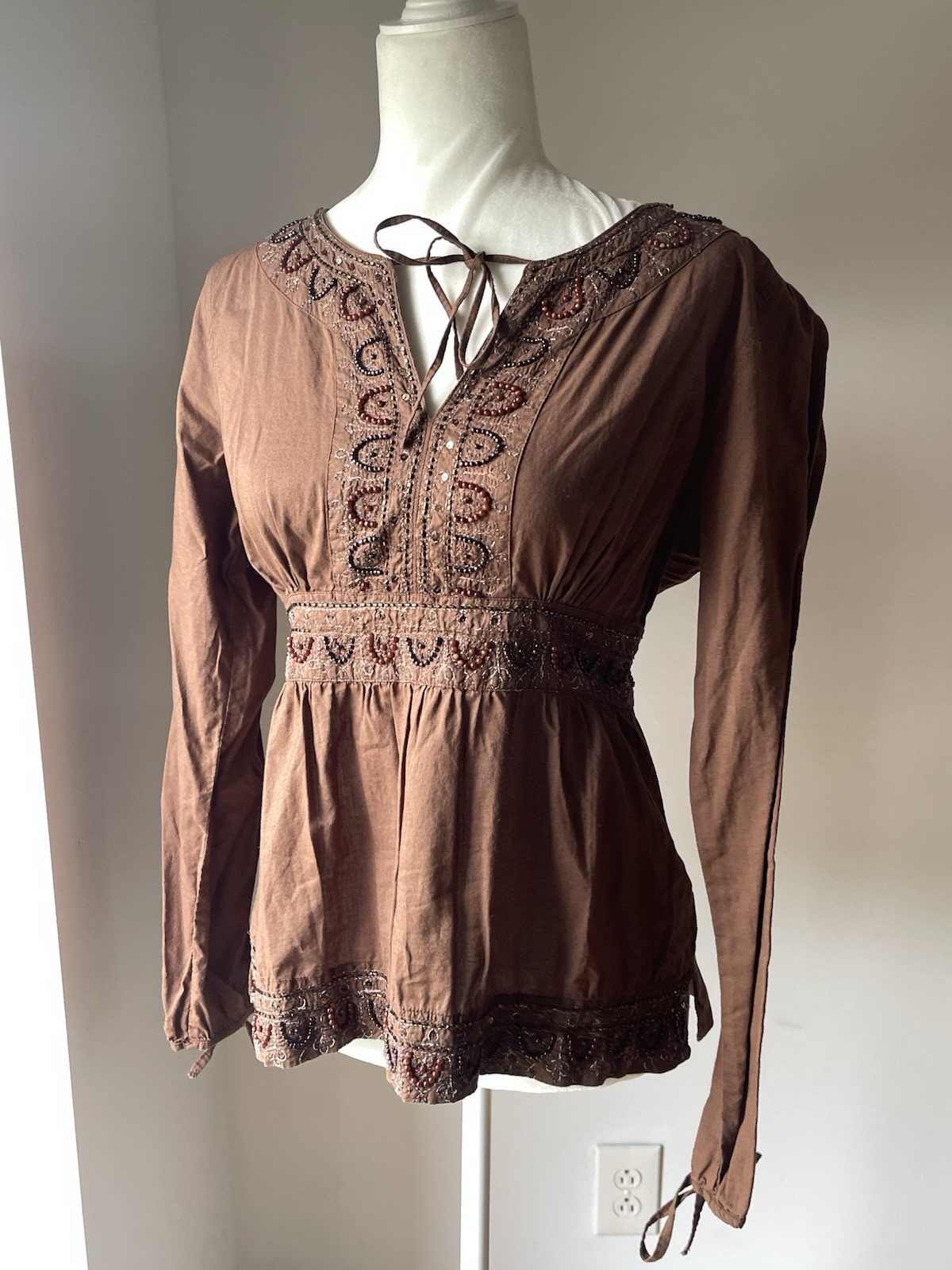 Vintage Brown Beaded Blouse – fairy bohemian hippie top – Size M