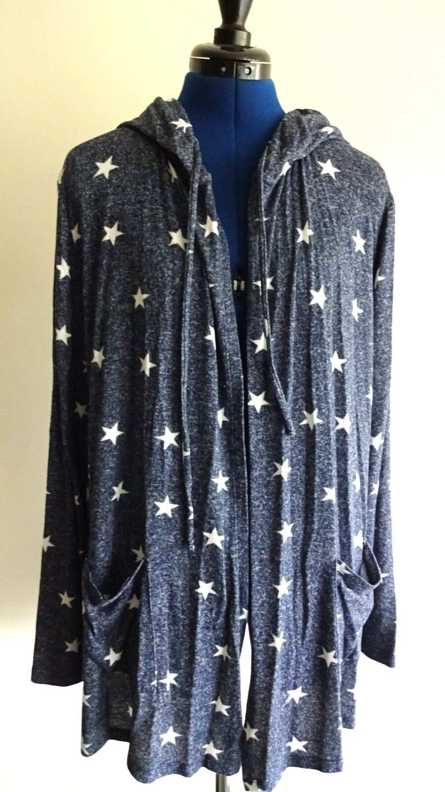 LUCKY BRAND Patriotic NAVY WHITE STARS Open Front HOODED TUNIC Top Womens MED