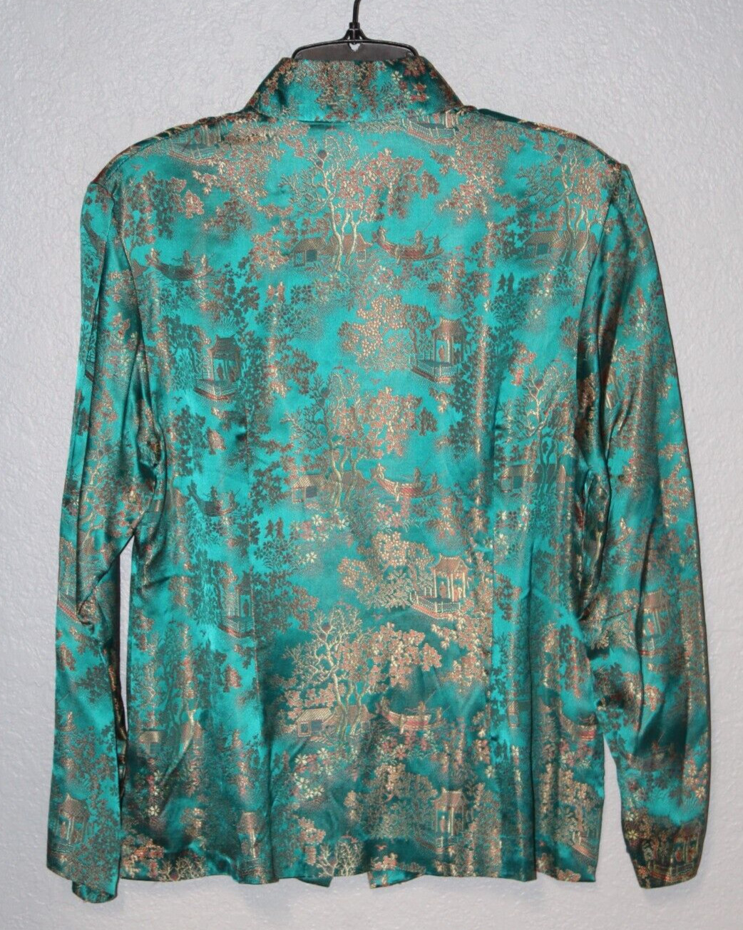 VINTAGE Peony Traditional Chinese Green L/S Top Shirt Women SMALL Shanghai China