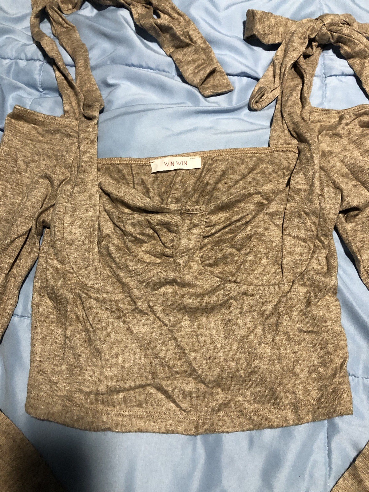Long Sleeve Crop Top Woman’s Soft Blended Fabric Tie Shoulder Y2k Fashion Size M