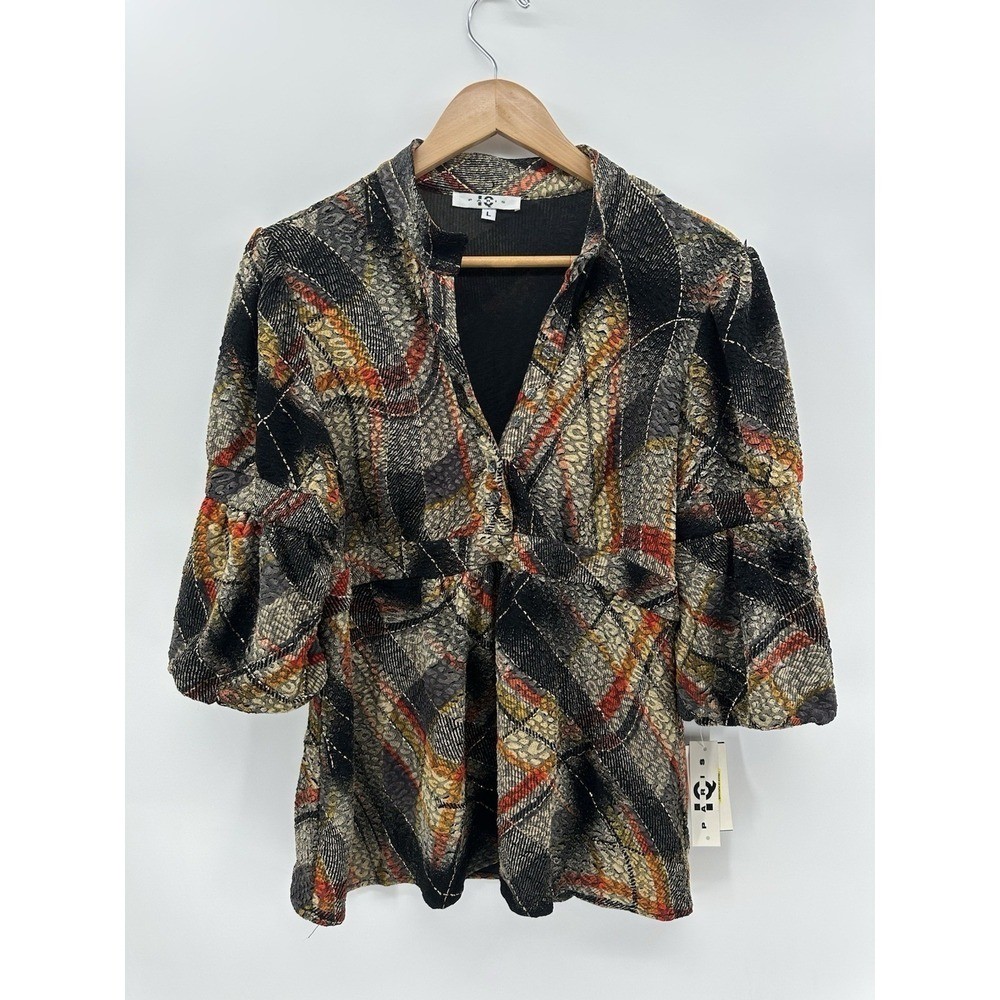 Paris IQ Artistic Print Peplum Sz L Top Black Rust Textured Flowy Statement FF46