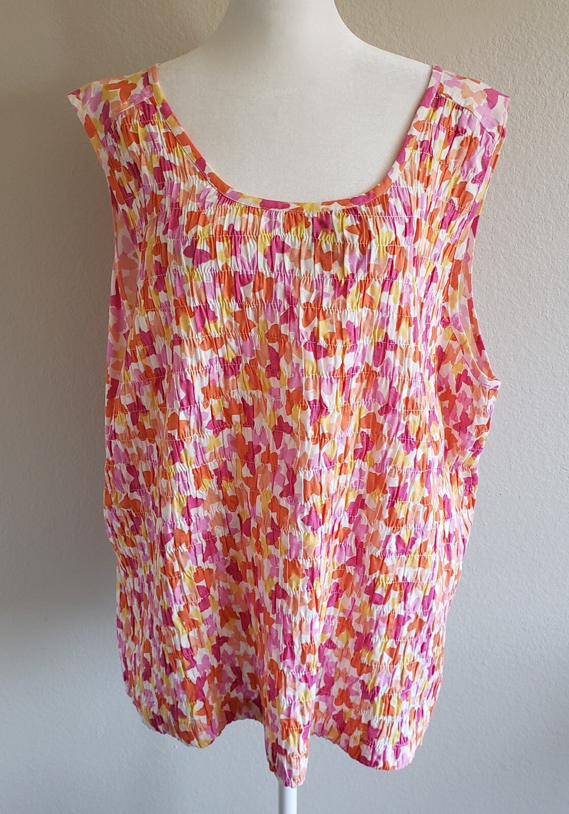 ERIKA Blouse Women Plus 2X Top Artsy Butterfly Smocking Sleeveless Cotton Rayon