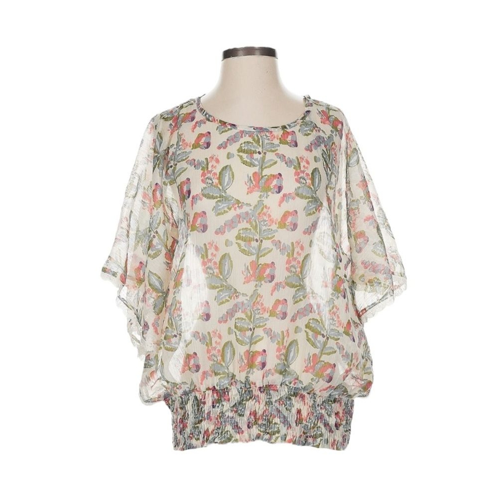 World Market Sheer Floral Blouson Top Lace Batwing Smocked Waist S/M
