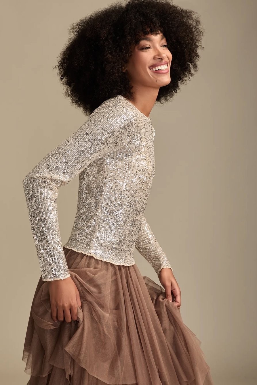 Lucky Brand Sequin Long Sleeve Top Champagne Silver Beige Women’s Medium M