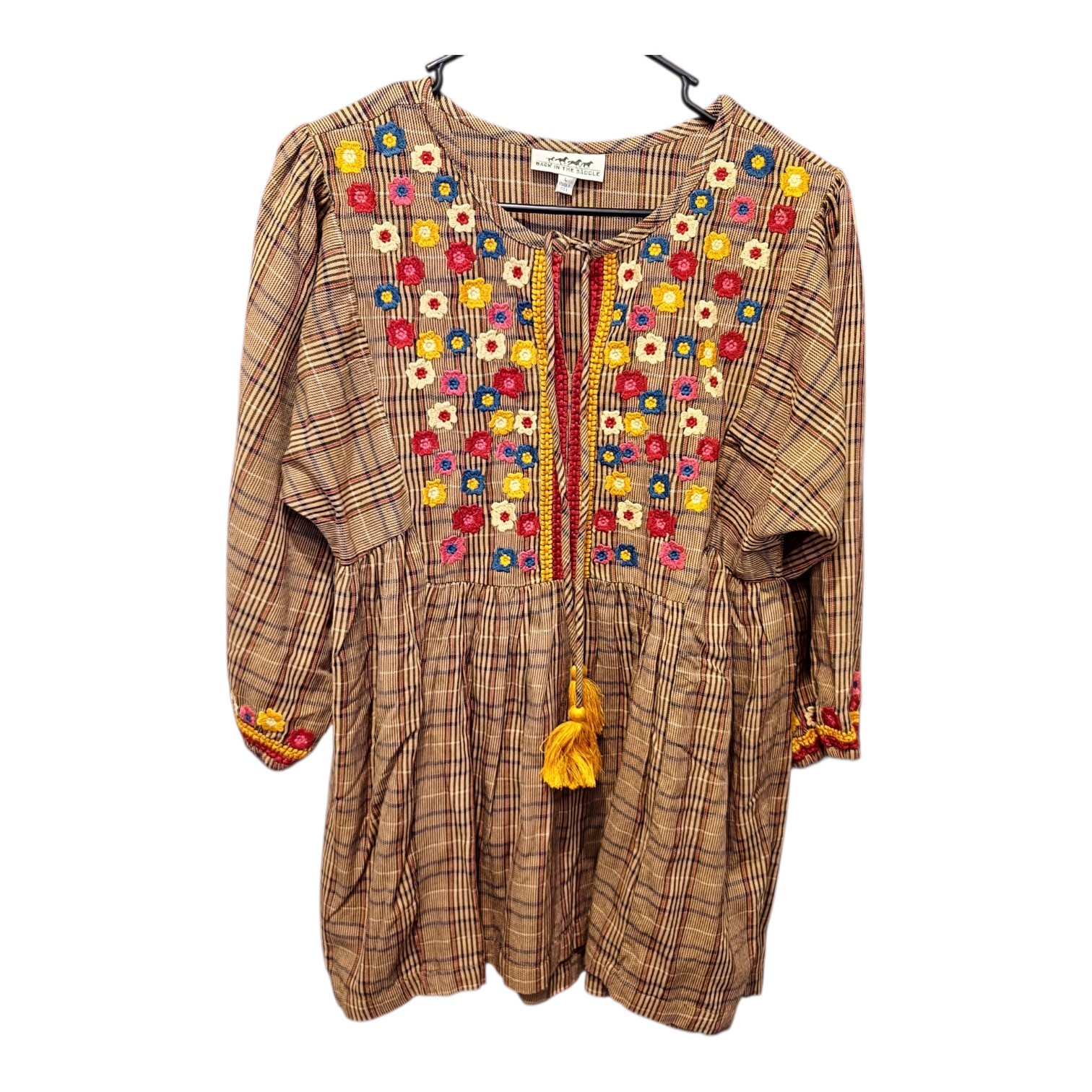 Back In The Saddle Bohemian Western Floral Plaid Peasant Tunic Large Cowgirl