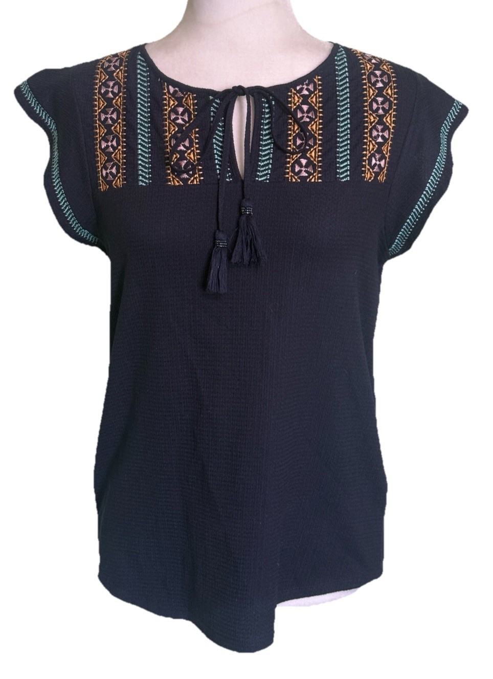 Women Boho Embroidered Peasant Top Tassel Tie Textured Festival Blouse Size Sm