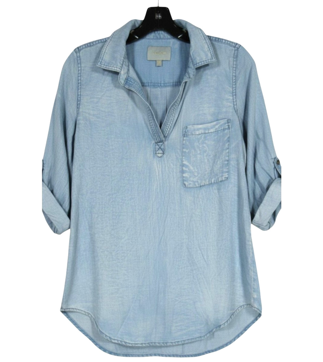 SKIES ARE BLUE Chambray ROLL-TAB SLEEVES V-Neck POCKET Tencel BLOUSE/TUNIC TOP S