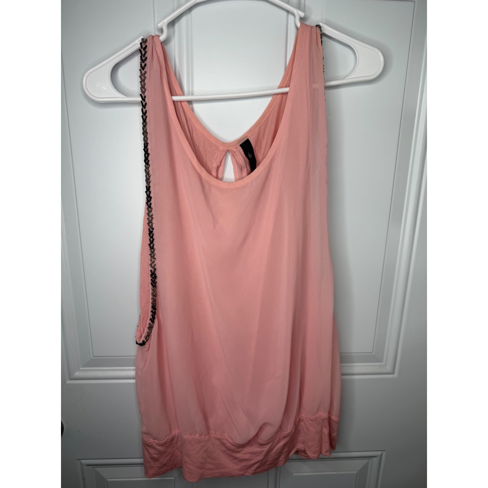 Peach Beaded Trim Chiffon Overlay Sleeveless Blouse Keyhole Back Top L