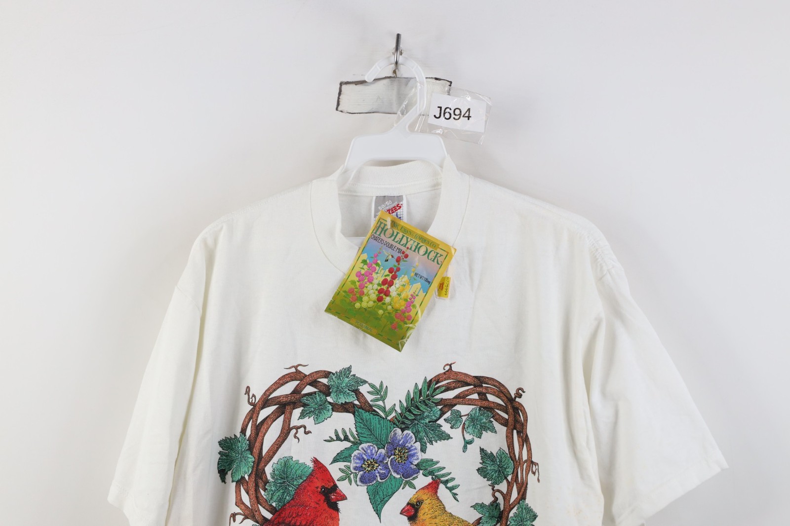 Deadstock Vtg 90s Streetwear Womens Large Heart Bird Flower T-Shirt White USA
