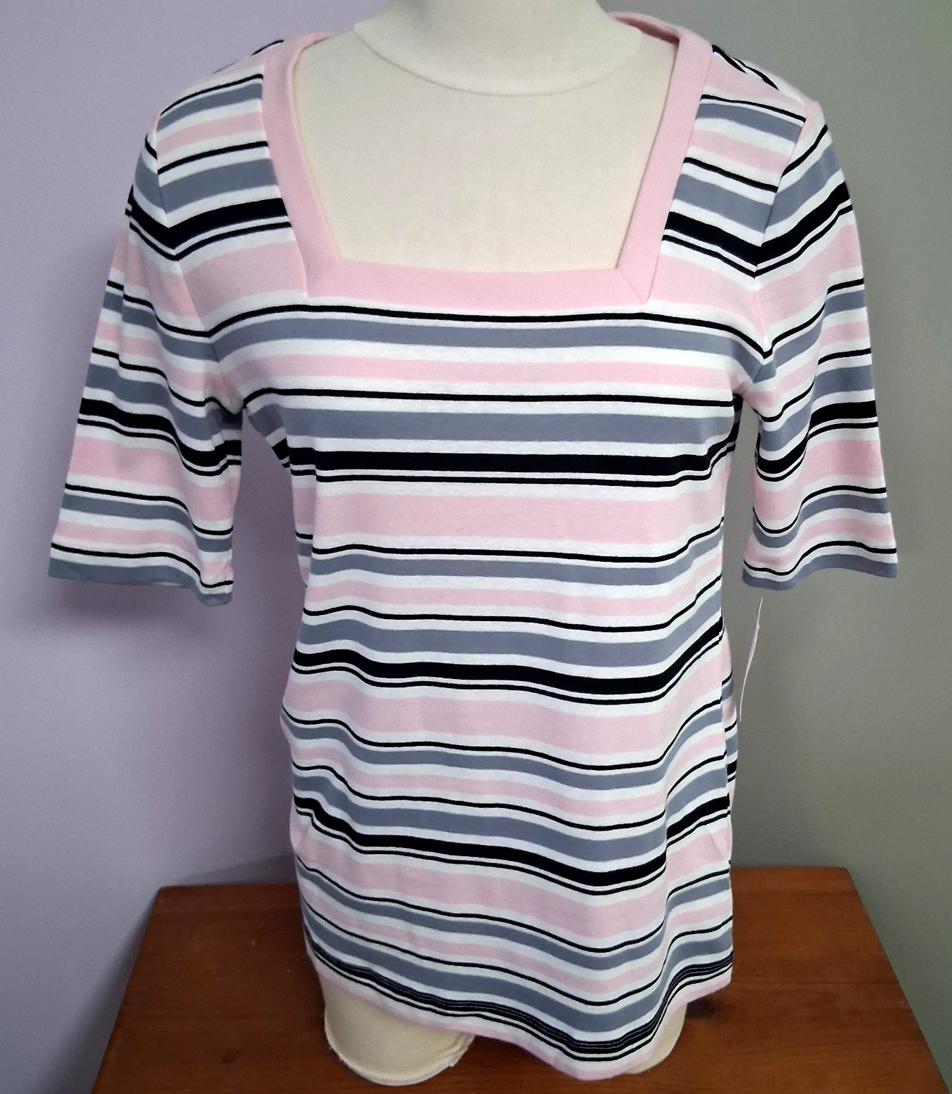 NWT Tag Square Neck Croft & Barrow Striped Pink Grey Black & White Top~MEDIUM