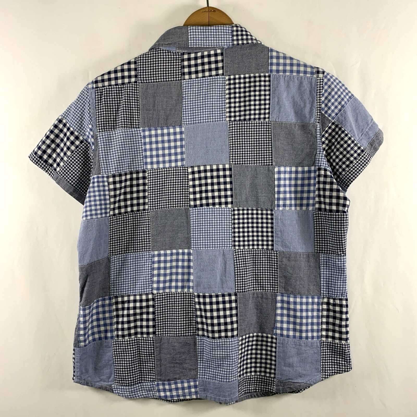 Womens Patchwork Plaid Short Sleeve Button Top Sz S Boxy Farm Cottage Americana