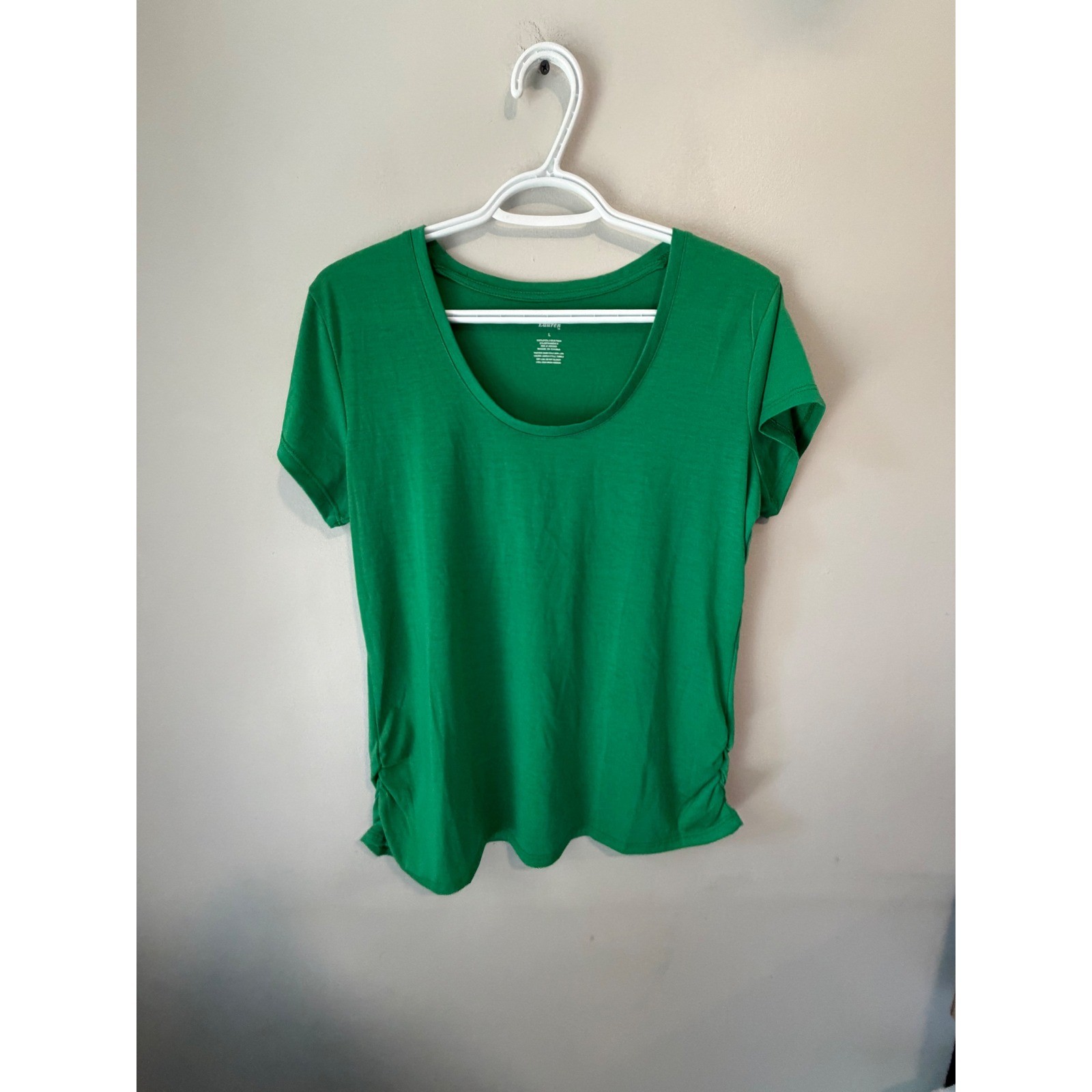 Jennifer Lauren Green Scoop Neck Short Sleeve Side Ruched Top Large