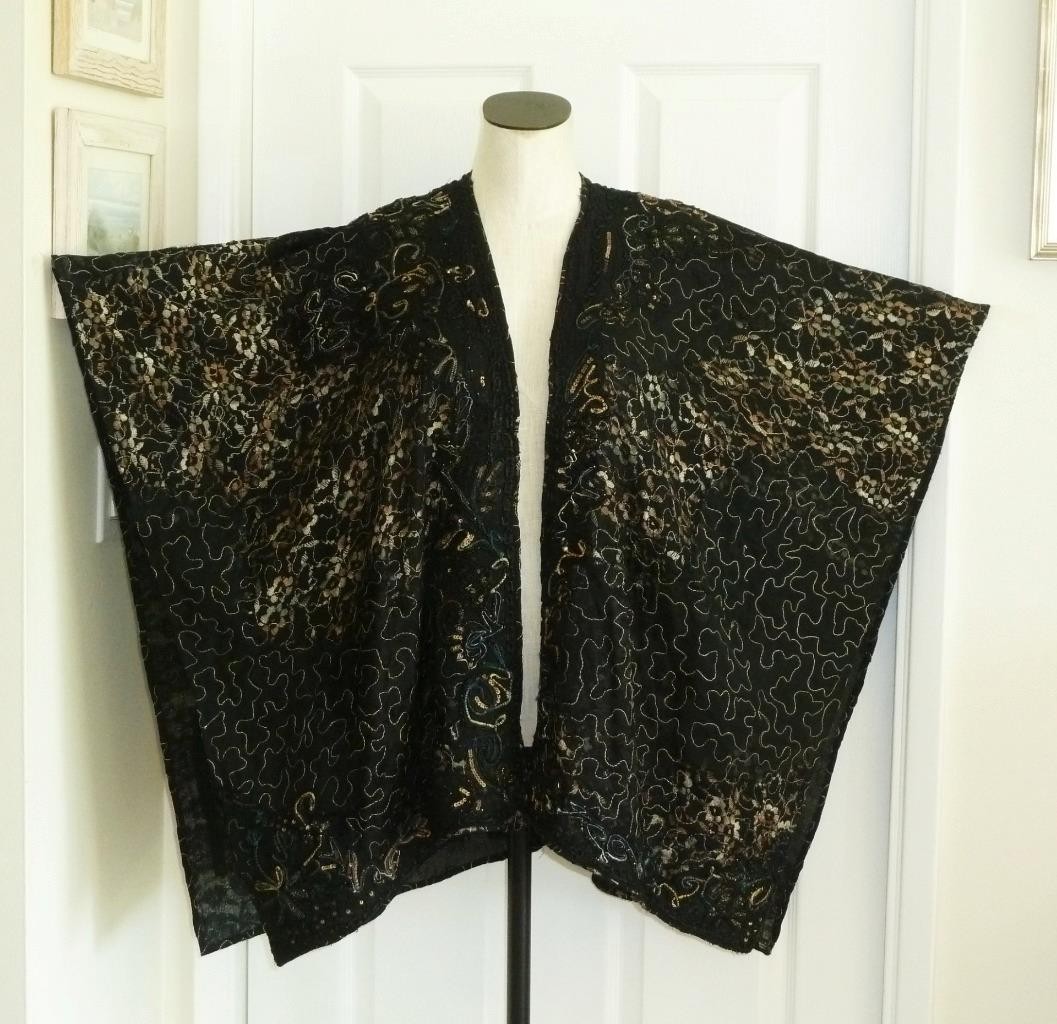 RARE Chicos Stunning Art-to-Wear Black Gold Mixed Media Ruana Wrap OS S M L XL